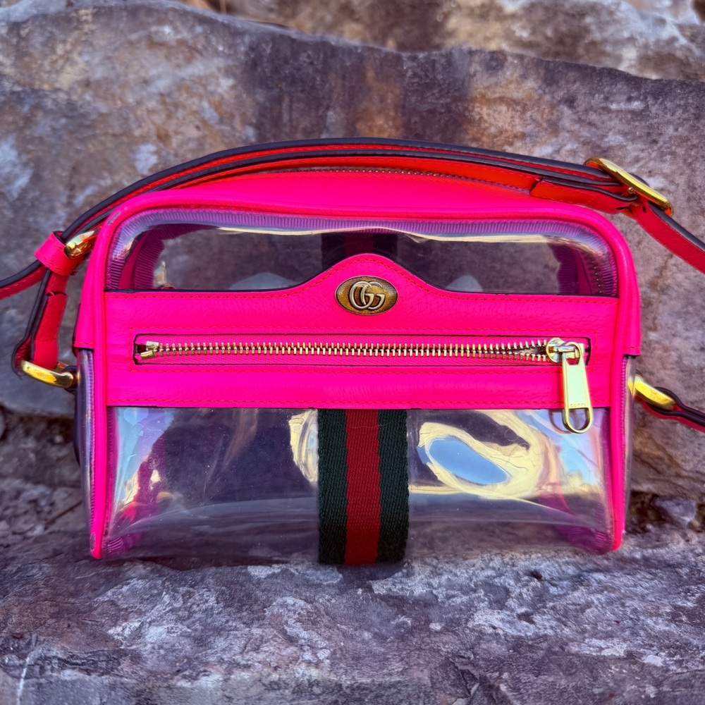 Authentic Gucci Bag Ophidia Mini Transparent Crossbody Fluorescent Pink Travel